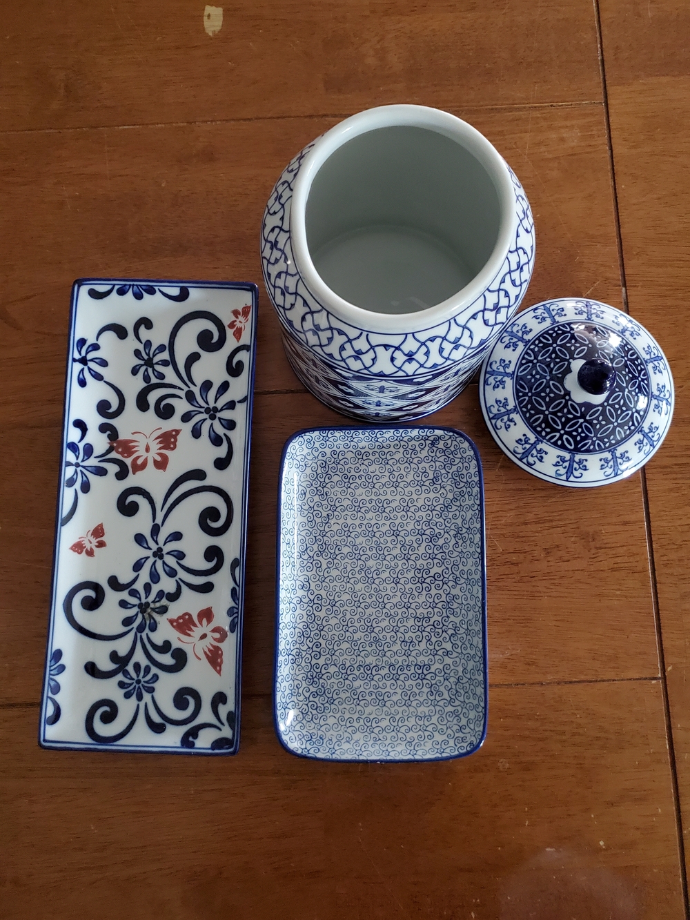 Blue and White Porcelain Canister with Matching Trays